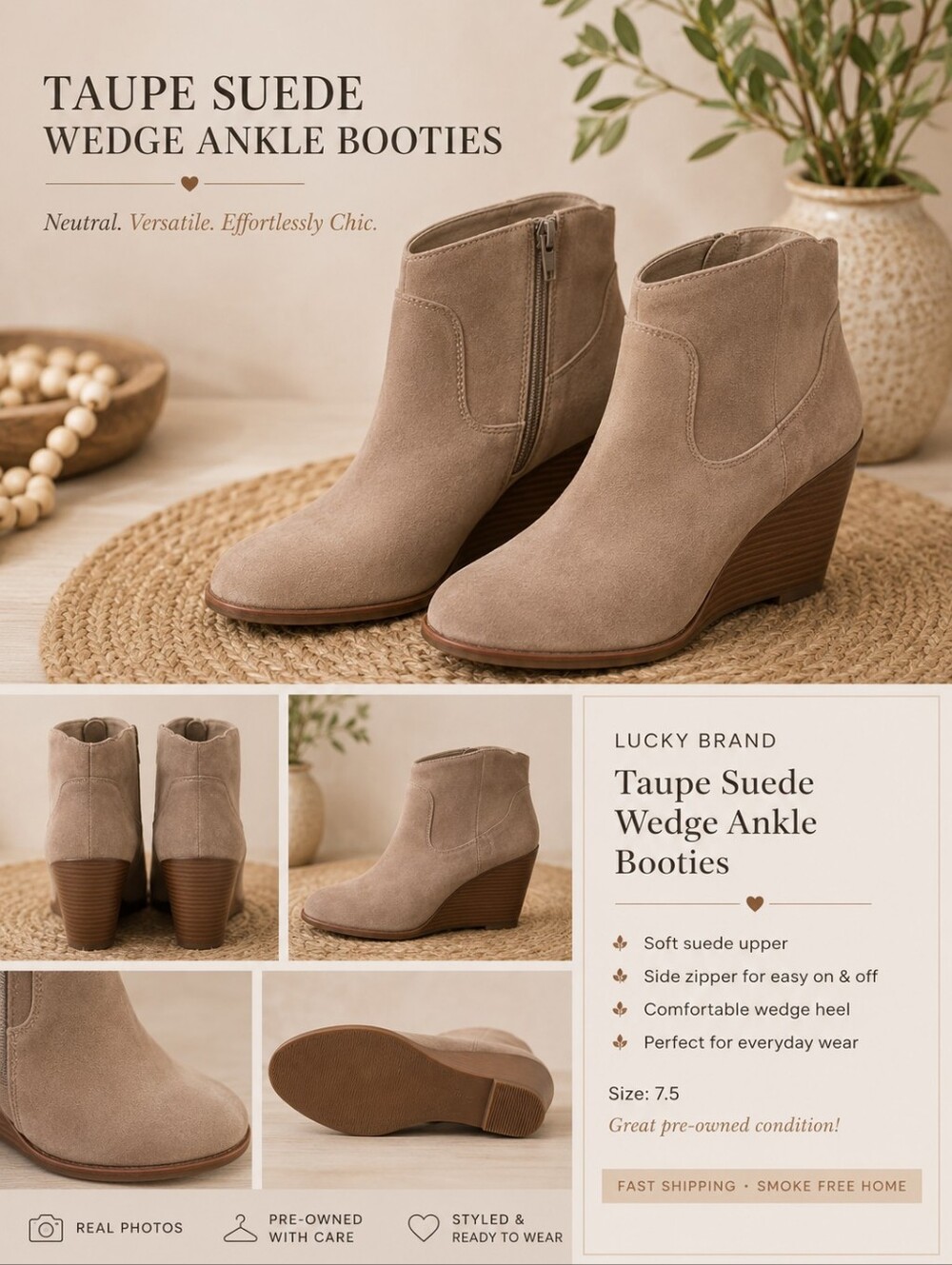 Lucky Brand Taupe Suede Wedge Ankle Booties